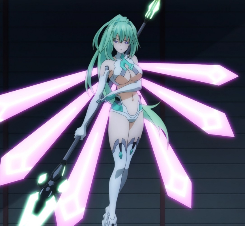 1girl boots breasts choujigen_game_neptune cleavage green_hair green_heart neptune_(series) polearm purple_eyes screencap solo spear thigh_boots thighhighs vert weapon wings