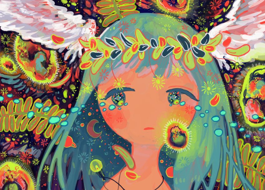 1girl abstract absurdres aqua_hair bacteria bangs crescent_moon feathered_wings glowing head_wings highres jewelry leaf long_hair moon necklace no_nose original planet plant portrait saturn sizucomaru solo white_wings wings