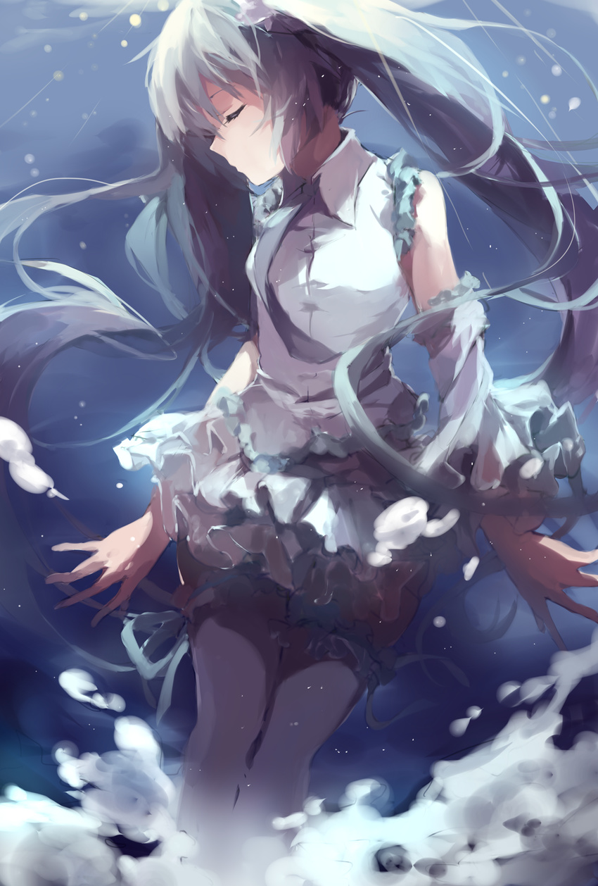 aqua_hair bad_id bad_pixiv_id closed_eyes hatsune_miku highres long_hair necktie shuzi solo twintails underwater vocaloid wet wet_clothes