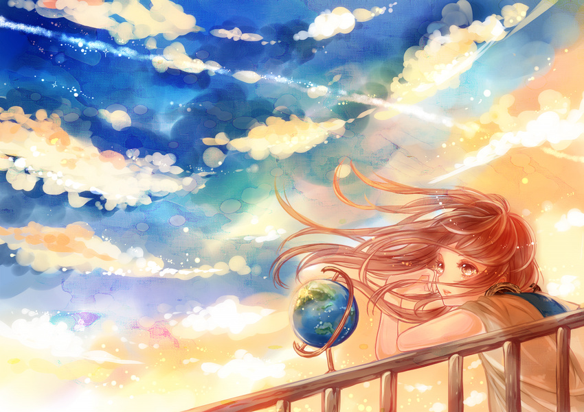 brown_eyes brown_hair clouds earth original ruru_(tsuitta) sky