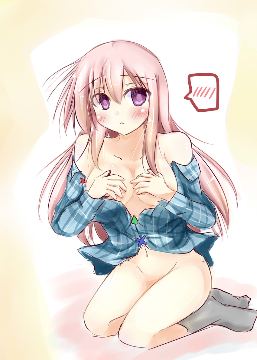absurdres bad_proportions bare_shoulders bottomless breast_hold breasts covering covering_breasts dress_shirt hata_no_kokoro highres kuzumomo long_hair looking_at_viewer navel off_shoulder open_clothes open_shirt pink_hair plaid plaid_shirt purple_eyes shirt solo spoken_blush star touhou triangle