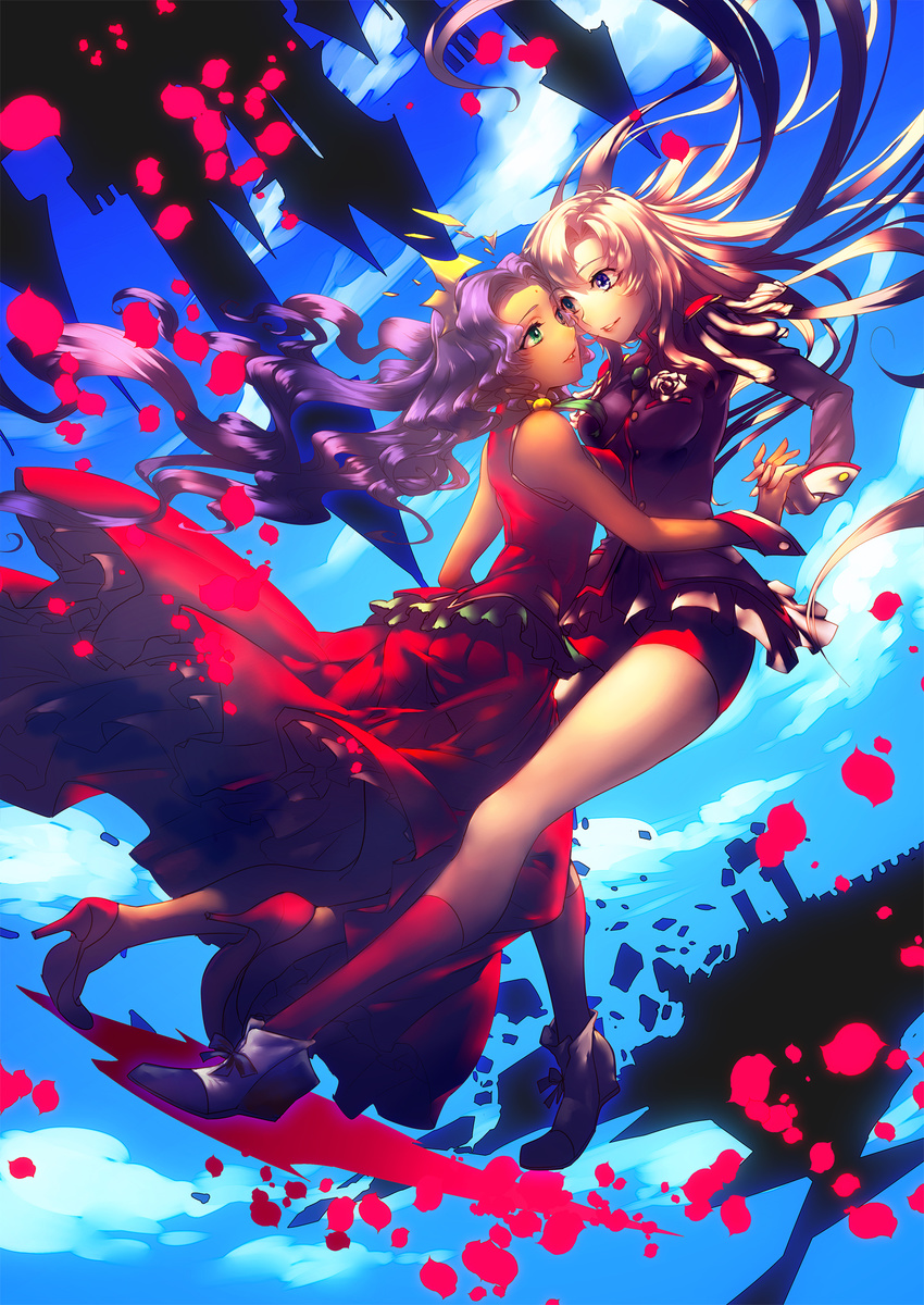 blonde_hair blue_eyes eye_contact green_eyes highres himemiya_anthy holding_hands interlocked_fingers long_hair looking_at_another multiple_girls purple_hair shoujo_kakumei_utena sky smile tamachi_kuwa tenjou_utena yuri