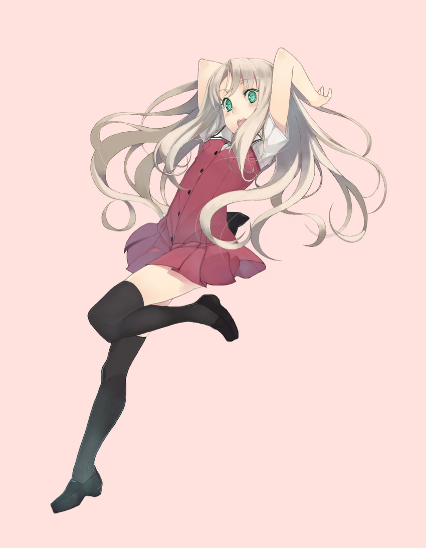 arms_up blonde_hair blush full_body green_eyes highres kawamura_reo kirisato_itsuki loafers long_hair open_mouth school_uniform shoes simple_background solo sono_hanabira_ni_kuchizuke_wo st._michael's_school_uniform thighhighs zettai_ryouiki