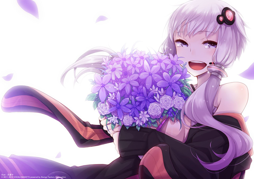 artist_name ayakura_juu bouquet company_name flower happy happy_tears highres long_hair official_art purple_eyes purple_hair smile solo tears twintails vocaloid voiceroid watermark white_background yuzuki_yukari