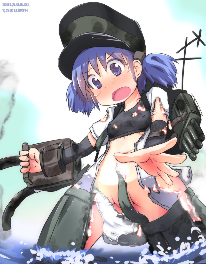 black_bra blue_eyes blue_hair blush bow bow_panties bra breasts burnt_clothes cosplay covered_nipples crop_top hair_cubes hair_ornament highres kantai_collection kazuboh look-alike naganohara_mio nichijou ooshio_(kantai_collection) ooshio_(kantai_collection)_(cosplay) panties panties_around_one_leg partially_visible_vulva shirt short_hair short_twintails skirt small_breasts solo tears torn_bra torn_clothes torn_panties torn_shirt torn_skirt twintails underwear white_panties