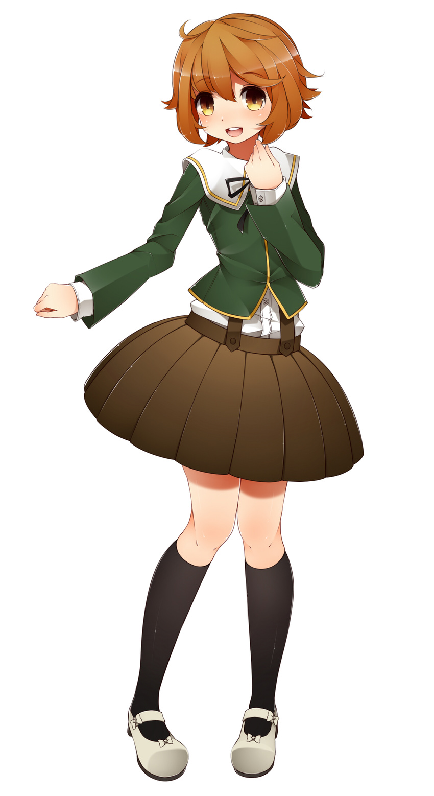 black_legwear blush brown_eyes brown_hair crossdressing danganronpa danganronpa_1 fujisaki_chihiro full_body highres kinakomoti male_focus mary_janes open_mouth otoko_no_ko school_uniform shoes short_hair simple_background skirt smile solo white_background