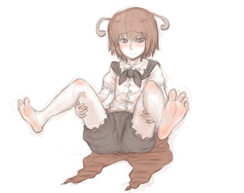 antennae barefoot blush cape feet full_body kuro_suto_sukii legs_up looking_at_viewer puffy_sleeves shirt short_sleeves shorts simple_background sitting sketch soles solo spread_legs toes touhou white_background wriggle_nightbug