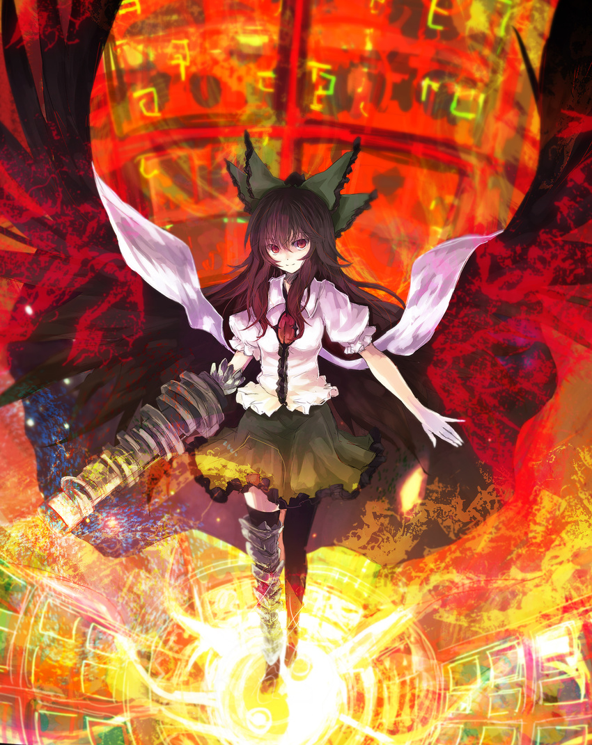 alternate_weapon arm_cannon asagi_(kabocha_oukoku) bad_id bad_pixiv_id black_hair black_wings bow brooch cape expressionless full_body gem green_skirt hair_bow highres jewelry long_hair looking_at_viewer magic red_eyes reiuji_utsuho skirt smile solo text_focus thighhighs third_eye touhou walking weapon wings zettai_ryouiki