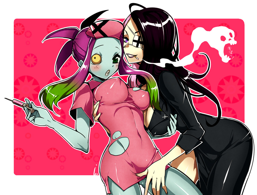 2girls bent_over black_hair blush breast_grab breasts cigarette cleavage covered_nipples dress erect_nipples eyepatch female ghost_shop_(ot-nm) grabbing gradient_hair green_eyes green_hair green_skin grin hat large_breasts long_hair multicolored_hair multiple_girls nurse nurse_cap original ot-nm payot ponytail purple_eyes purple_hair side_slit sidelocks skull smile smoking torn_clothes yuri zombie