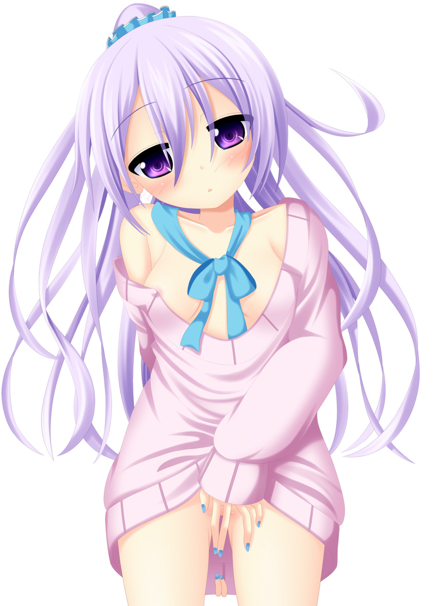 areola_slip areolae blue_nails blush bottomless breasts clothes_lift highres lavender_hair long_hair looking_at_viewer nail_polish naked_sweater no_bra no_panties off_shoulder original ponytail purple_eyes ribbon scrunchie small_breasts solo sweater sweater_lift yoye_(pastel_white)