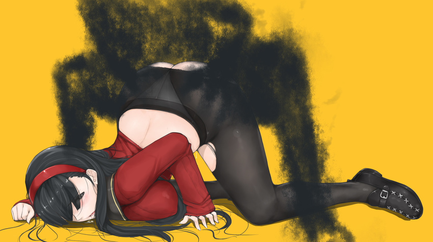 1girl amagi_yukiko ass back black_eyes black_hair black_legwear blush breasts covered_nipples crotch_seam doggystyle forced hairband hetero highres large_breasts libre loafers long_hair monster open_mouth panties panties_under_pantyhose pantyhose persona persona_4 saliva sex shadow_(persona) shoes simple_background tears top-down_bottom-up torn_clothes torn_legwear underwear yellow_background