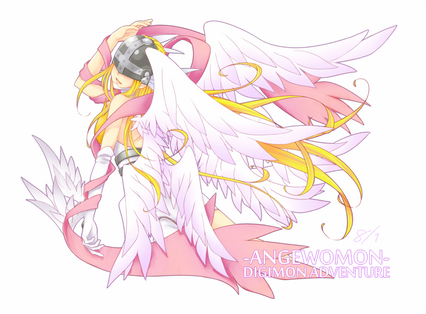 1girl angel_wings angewomon asymmetrical_clothes blonde_hair breastplate character_name copyright_name digimon digimon_adventure elbow_gloves gloves helmet long_hair looking_back multiple_wings shawl smile solo wings zipper