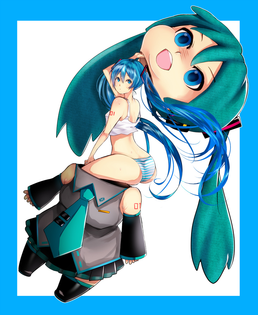 ass blue_eyes blue_hair cosplay costume hatsune_miku highres huge_ass long_hair midriff mikudayoo noboes panties solo striped striped_panties sweat tank_top twintails underwear very_long_hair vocaloid