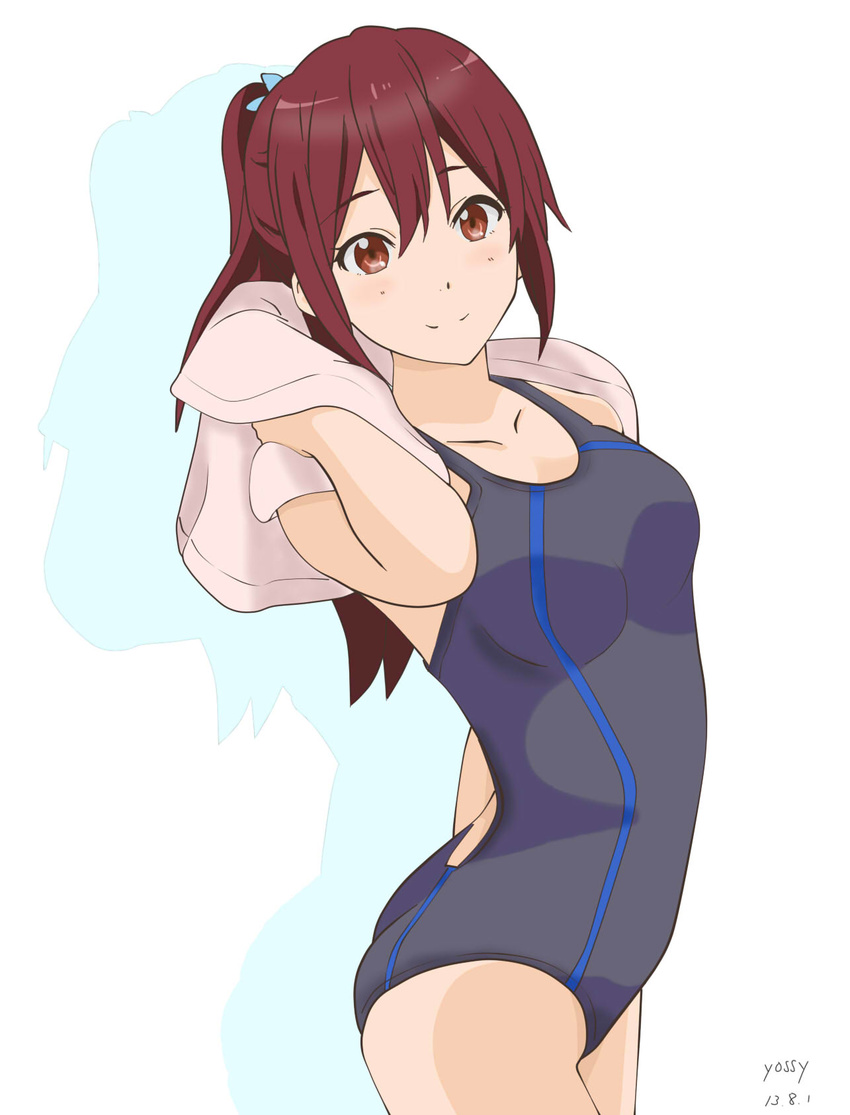 arched_back competition_swimsuit free! highres long_hair matsuoka_gou one-piece_swimsuit ponytail red_eyes red_hair swimsuit yossy_(asd_456)