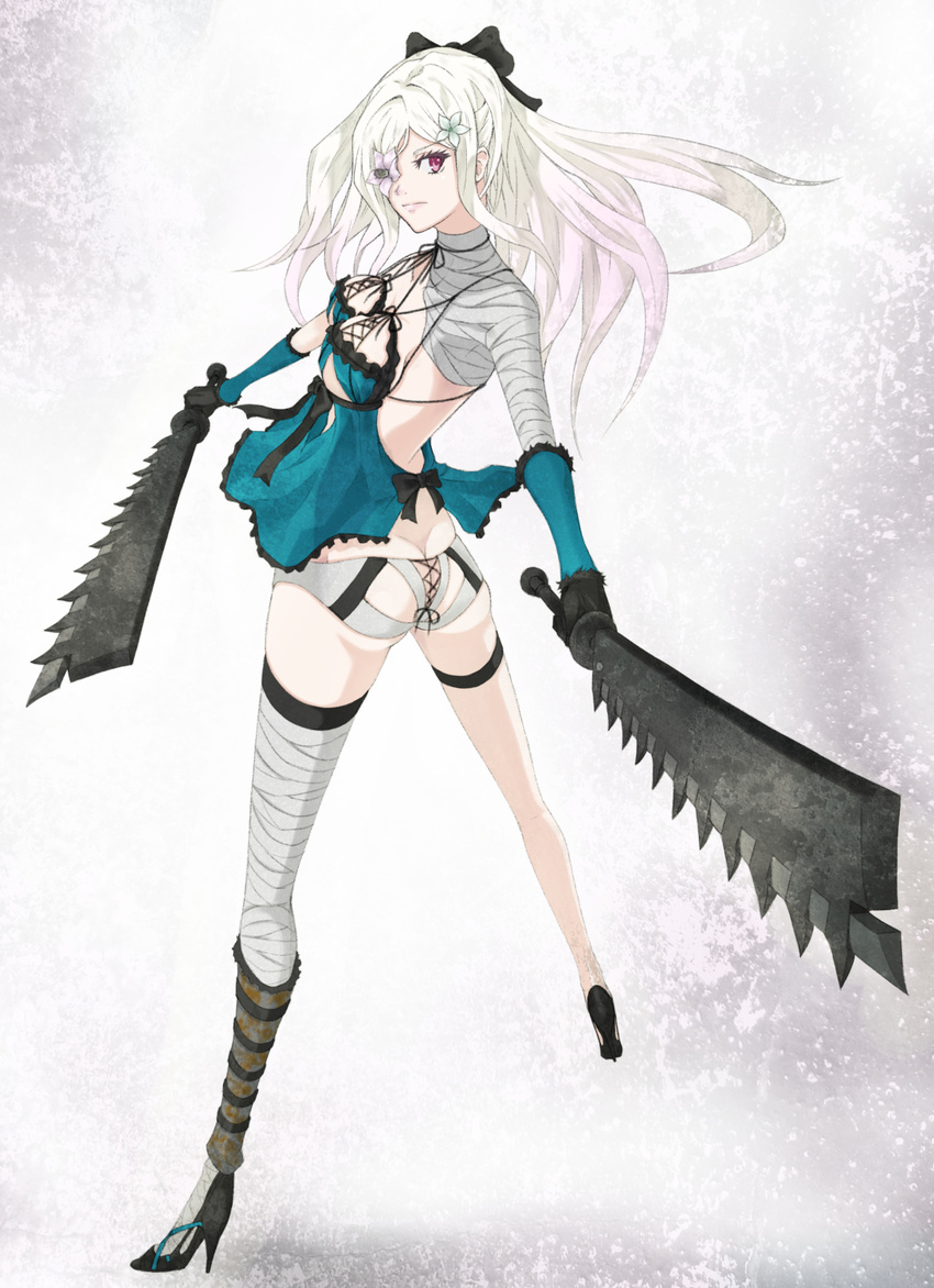ass ass_cutout bad_id bad_pixiv_id bandaged_arm bandages black_gloves bow cosplay drag-on_dragoon drag-on_dragoon_3 dual_wielding flower flower_eyepatch frills from_behind full_body gloves hair_flower hair_ornament high_heels highres holding holding_weapon kaine_(nier) kaine_(nier)_(cosplay) kakuzu_clip legs looking_back nier nier_(series) panties solo spikes standing sword thigh_strap underwear weapon white_hair white_panties zero_(drag-on_dragoon)