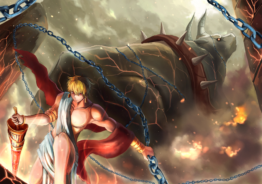 animal armlet blonde_hair bracelet bull chain cloud cloudy_sky collar ea_(fate/stay_night) enkidu_(weapon) fate/stay_night fate_(series) gilgamesh highres jewelry male_focus one_knee oversized_animal red_eyes sky solo spiked_collar spikes toga weapon zen_(weishanzhe)