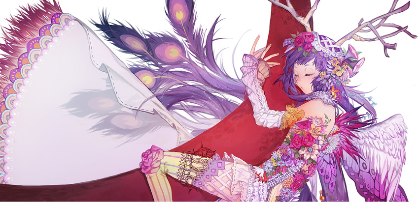 biiji bird closed_eyes highres horn hug long_hair original peacock purple_hair tail wings