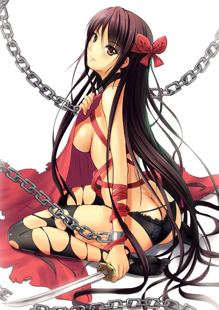 absurdres ass bdsm black_legwear black_panties bondage bound breasts brown_eyes brown_hair butt_crack chain cuffs hair_ribbon highres long_hair looking_at_viewer medium_breasts original panties ribbon sideboob simple_background sitting smile solo soyokaze sword thighhighs torn_clothes torn_legwear underwear wakizashi wariza weapon white_background