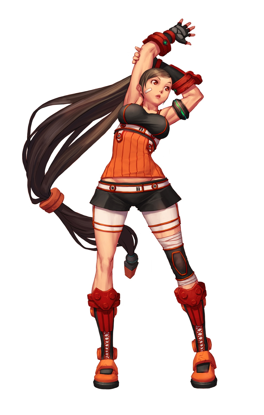 armband bandaid boots breasts brown_hair dungeon_and_fighter fighter_(dungeon_and_fighter) fingerless_gloves gloves highres long_hair muscle ponytail red_eyes shorts solo very_long_hair