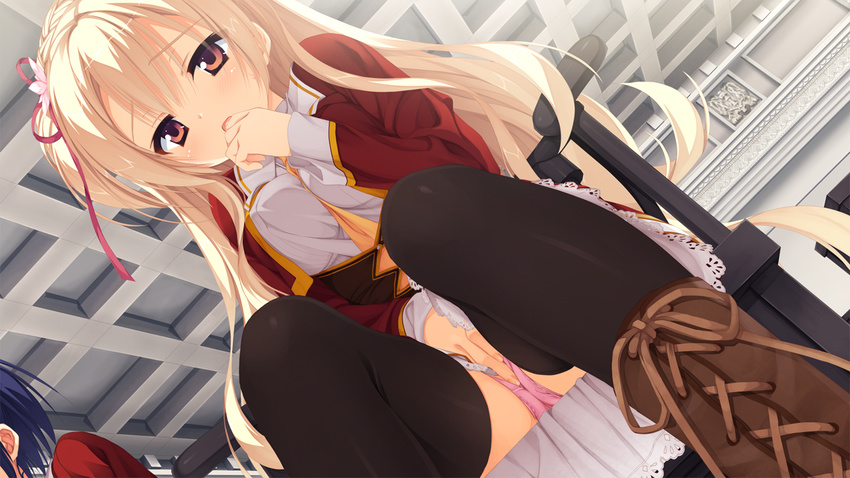 2girls amairo_islenauts blonde_hair blush game_cg indoors kobuichi long_hair masturbation multiple_girls panties seifuku shirley_warwick thighhighs underwear yuzusoft