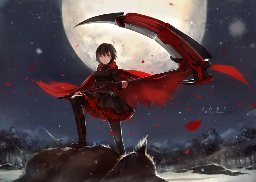 beowolf black_hair boots cape character_name copyright_name cotta crescent_rose cross dress english forest full_moon grimm monster moon mountain nature night outdoors pantyhose petals petticoat rose_petals ruby_rose rwby scythe short_hair skirt sky snow solo tree weapon wolf