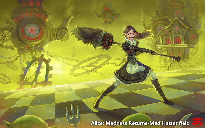 alice:_madness_returns alice_(wonderland) alice_in_wonderland alice_liddell american_mcgee's_alice american_mcgee's_alice black_hair boots dress gloves green_eyes jewelry long_hair pantyhose wallpaper weapon