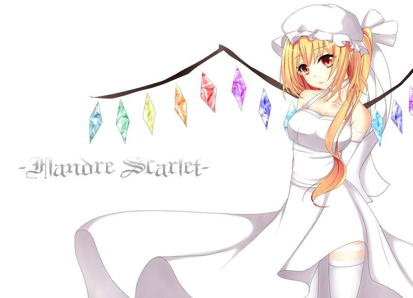 alternate_costume arms_behind_back asymmetrical_hair asymmetrical_wings blonde_hair breasts character_name cleavage dress elbow_gloves flandre_scarlet gloves hair_ribbon hasu_(velicia) hat lipstick long_dress looking_at_viewer makeup medium_breasts mob_cap parted_lips red_eyes ribbon side_ponytail slit_pupils solo thighhighs touhou white_dress white_legwear wings