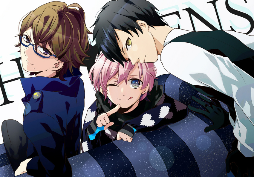 bad_id bad_pixiv_id black_hair brown_hair fingerless_gloves glasses gloves grey_eyes highres long_sleeves male_focus mikado_nagi multiple_boys one_eye_closed ootori_eiichi pink_hair purple_eyes scarf smile sumeragi_kira sweater tongue tongue_out uta_no_prince-sama uta_no_prince-sama_maji_love_2000_percent yellow_eyes