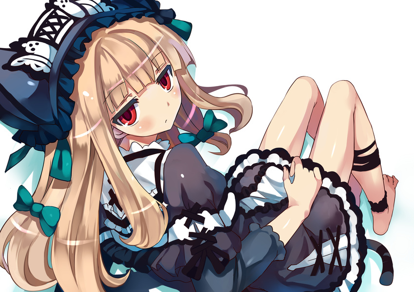 absurdres animal_ears bad_id bad_pixiv_id bangs black_dress blonde_hair blunt_bangs bow cat_ears cat_tail dress expressionless from_behind hair_bow hairband highres jitome kiyoichi_(acacia_soukyoukai) long_hair looking_at_viewer looking_back no_shoes original red_eyes ribbon simple_background solo tail white_background