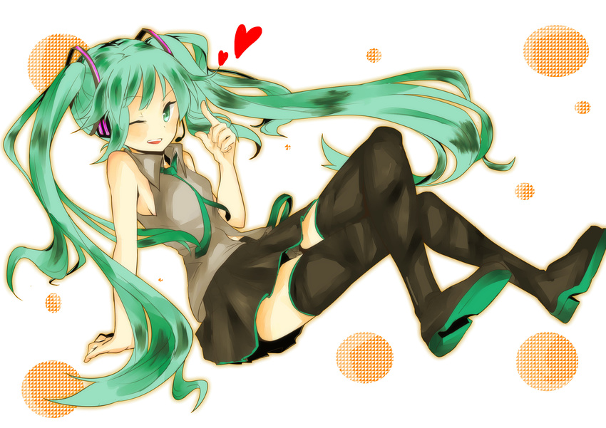 arm_support ayumeru123 bad_id bad_pixiv_id black_legwear blush boots colorized crossed_legs green_eyes green_hair hatsune_miku heart highres long_hair looking_at_viewer one_eye_closed osasimi_(overloadetna) pointing sitting skirt sleeveless smile solo thigh_boots thighhighs twintails very_long_hair vocaloid