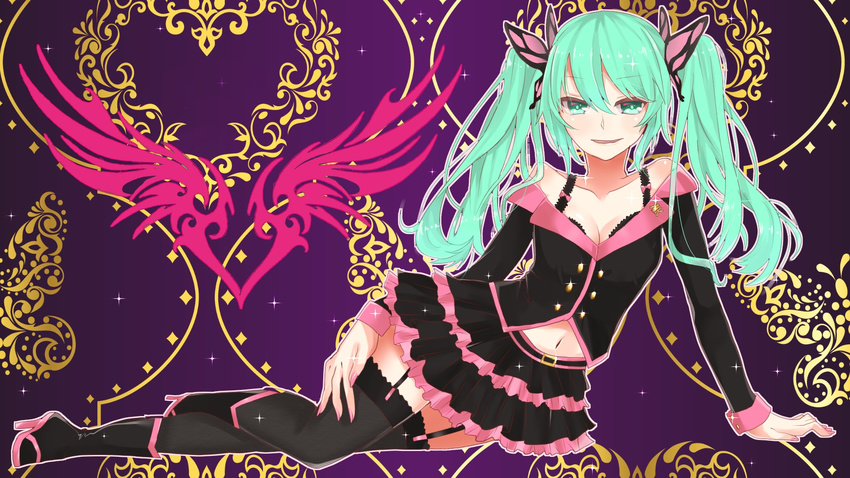 arm_support bad_id bad_pixiv_id boots bra garter_straps green_eyes green_hair hatsune_miku high_heels highres honey_whip_(module) ilo long_hair nail_polish navel project_diva_(series) project_diva_f skirt solo sweet_devil_(vocaloid) thighhighs twintails underwear vocaloid