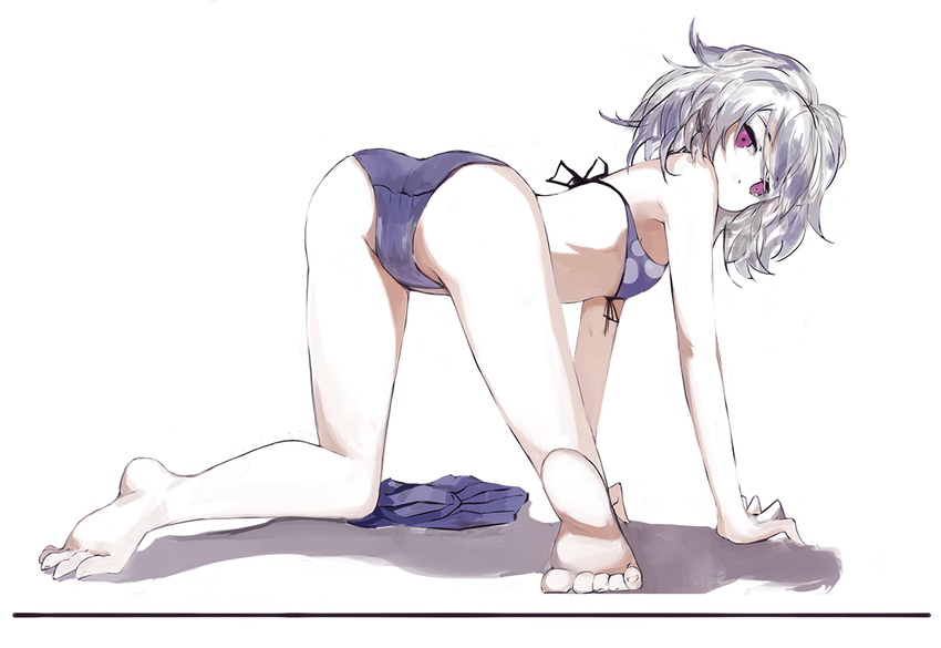 all_fours ass barefoot bikini darker_than_black front-tie_top full_body looking_at_viewer looking_back pale_skin polka_dot polka_dot_swimsuit purple_eyes saberiii silver_hair simple_background skirt skirt_removed soles solo swimsuit white_background yin