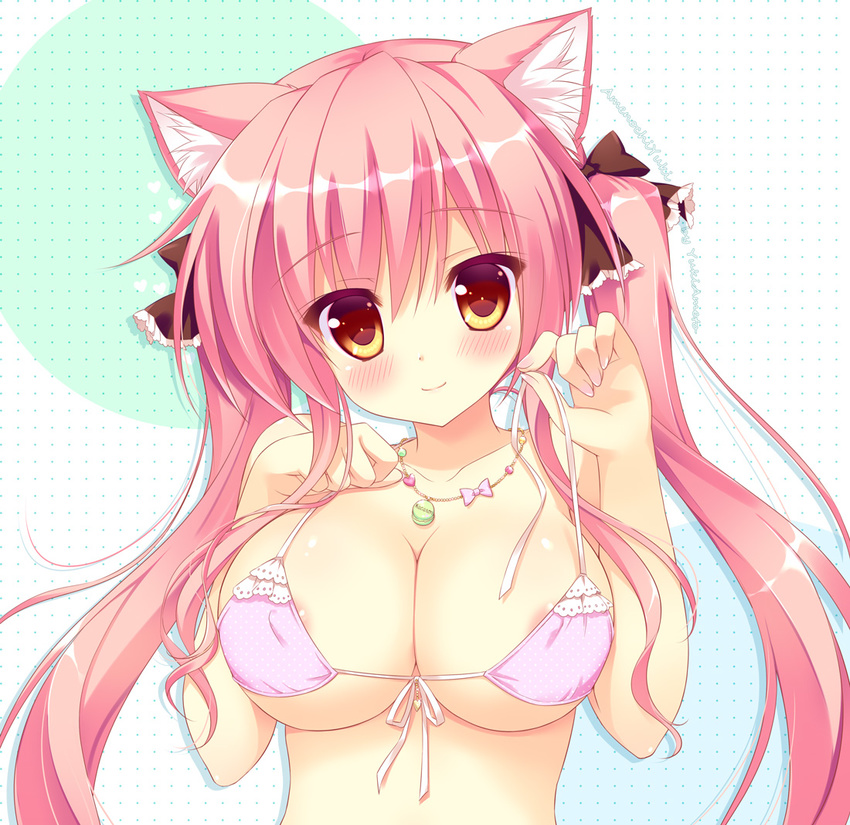 ameto_yuki animal_ear_fluff animal_ears areolae bikini bikini_top blush breasts brown_eyes cat_ears cleavage front-tie_top hair_ribbon jewelry large_breasts long_hair looking_at_viewer macaron_(ameto_yuki) nail_polish necklace original pink_bikini pink_hair polka_dot ribbon shiny shiny_skin smile solo swimsuit twintails underboob undressing untied