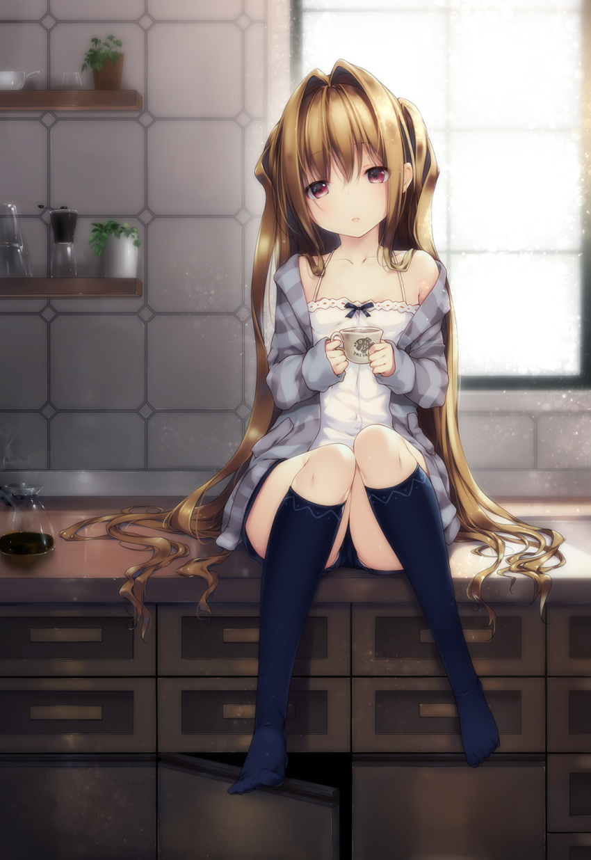 1girl bangs bare_shoulders black_legwear black_shorts blonde_hair camisole closed_mouth coffee collarbone commentary_request cup day eyebrows_visible_through_hair grey_jacket hair_intakes head_tilt highres holding holding_cup jacket kneehighs konjiki_no_yami light_particles long_hair long_sleeves looking_at_viewer no_shoes off_shoulder open_clothes open_jacket plant potted_plant red_eyes shelf shirt shokuyou_mogura short_shorts shorts sidelocks sitting sleeves_past_wrists solo to_love-ru to_love-ru_darkness very_long_hair white_shirt window