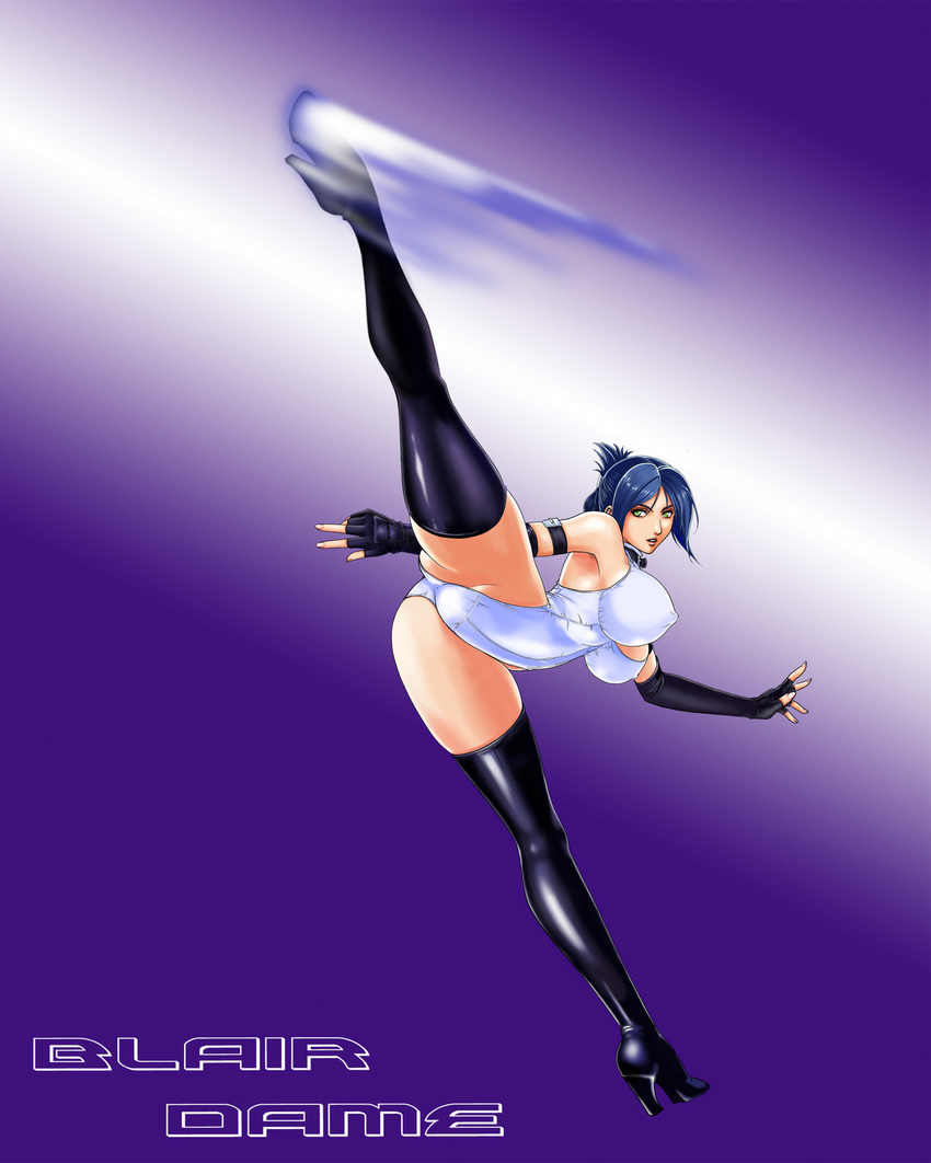 1girl arika blair_dame blue_hair breasts capcom character_name evatge1984 green_eyes highres kick kicking large_breasts solo street_fighter street_fighter_ex