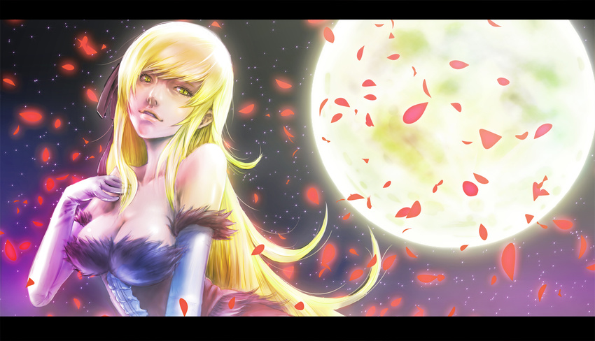 blonde_hair breasts cleavage elbow_gloves gloves kiss-shot_acerola-orion_heart-under-blade long_hair medium_breasts monogatari_(series) s.h.v solo yellow_eyes