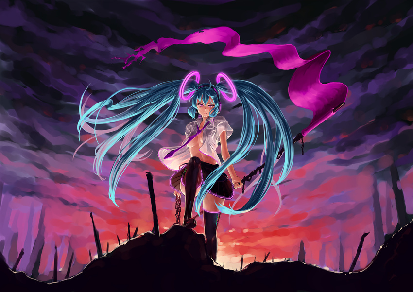 aqua_hair bad_id bad_pixiv_id boots breasts flag floating_hair hair_censor hatsune_miku headset highres long_hair medium_breasts necktie omaru_gyuunyuu open_clothes open_shirt pink_eyes shirt skirt solo sunset thigh_boots thighhighs twintails underboob very_long_hair vocaloid