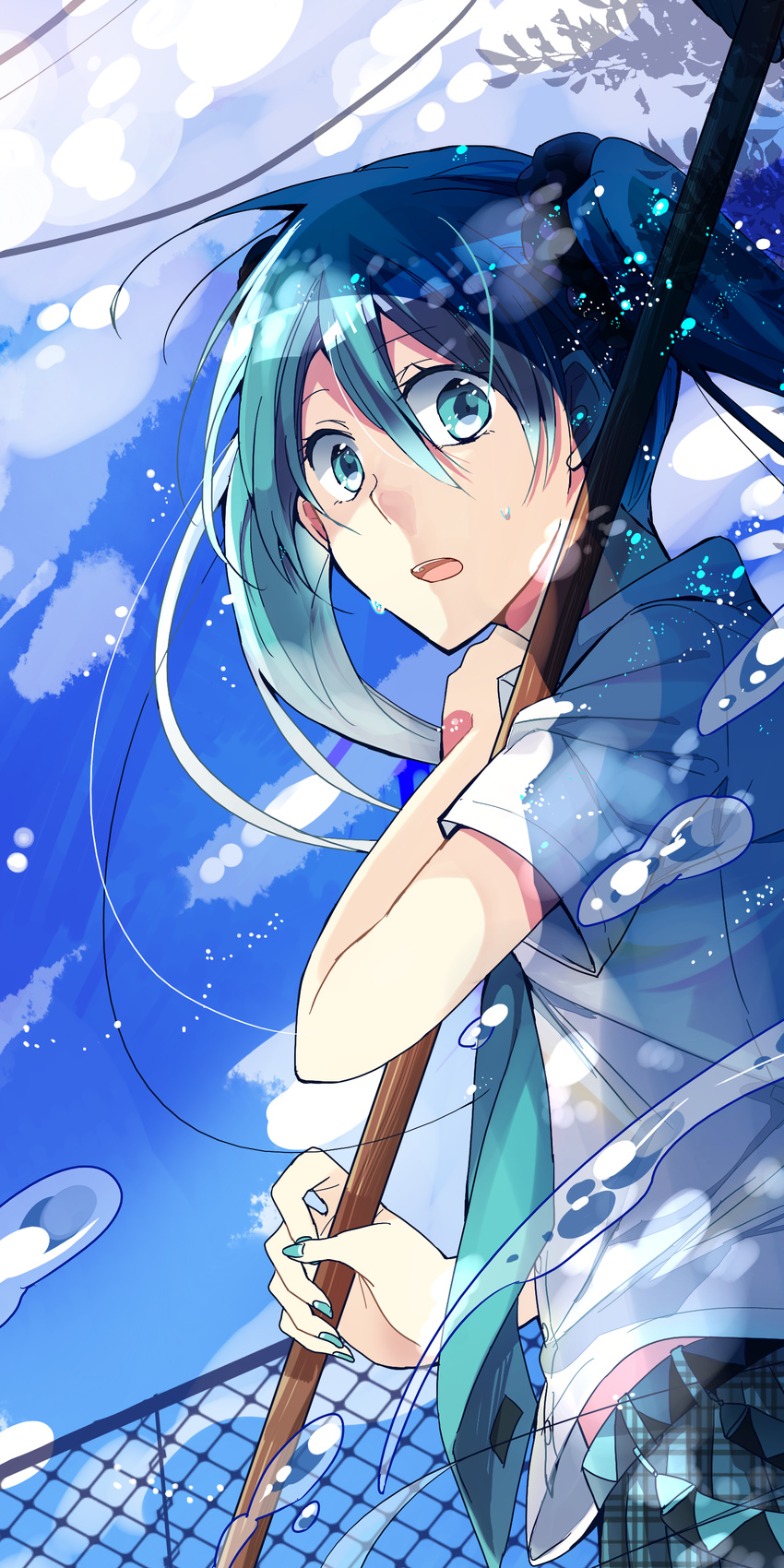 absurdres akinai_ari bad_id bad_pixiv_id chain-link_fence cloud fence green_eyes green_hair hatsune_miku highres long_hair nail_polish open_mouth sky solo twintails vocaloid