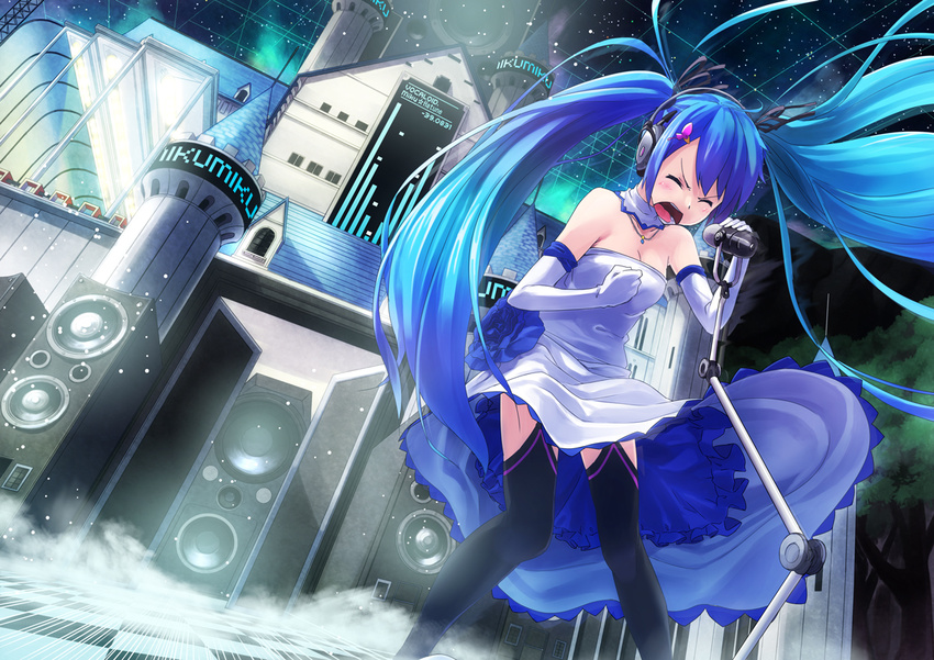 blue_hair castle character_name checkered checkered_floor closed_eyes copyright_name dress dutch_angle elbow_gloves gloves hatsune_miku headphones jewelry long_hair microphone microphone_stand music necklace open_mouth singing sky solo speaker star_(sky) starry_sky strapless strapless_dress thighhighs tokumaro twintails very_long_hair vocaloid