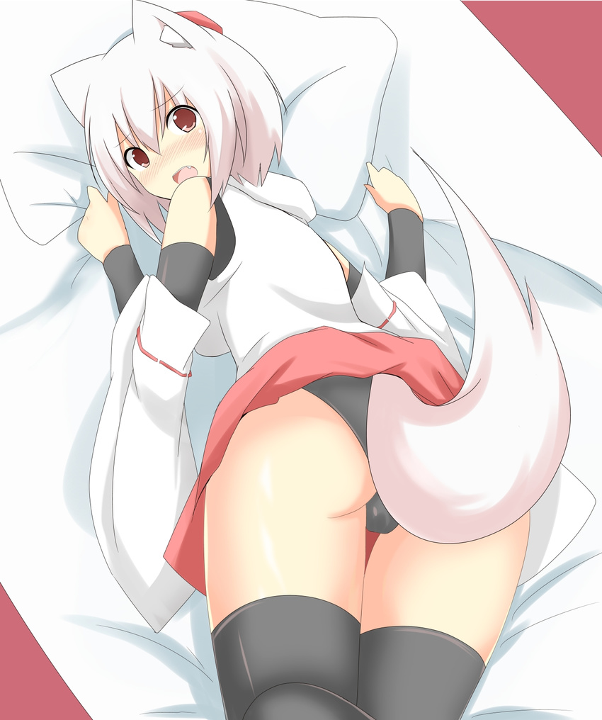 animal_ears ass black_legwear black_panties blush breasts detached_sleeves fang gauntlets hat highres inubashiri_momiji long_sleeves looking_at_viewer looking_back lying medium_breasts mii_(makosuke) on_stomach open_mouth panties pillow pink_eyes shirt short_hair silver_hair skirt skirt_lift solo tail thigh_gap thighhighs tokin_hat touhou underwear wide_sleeves wolf_ears wolf_tail