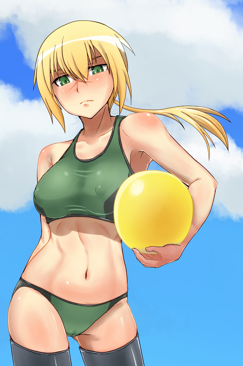 abs ball blonde_hair breasts cameltoe cloud covered_nipples day green_eyes hanna_rudel highres kunashiri_(etorofu) large_breasts midriff navel ponytail scar solo swimsuit tankini thighhighs world_witches_series