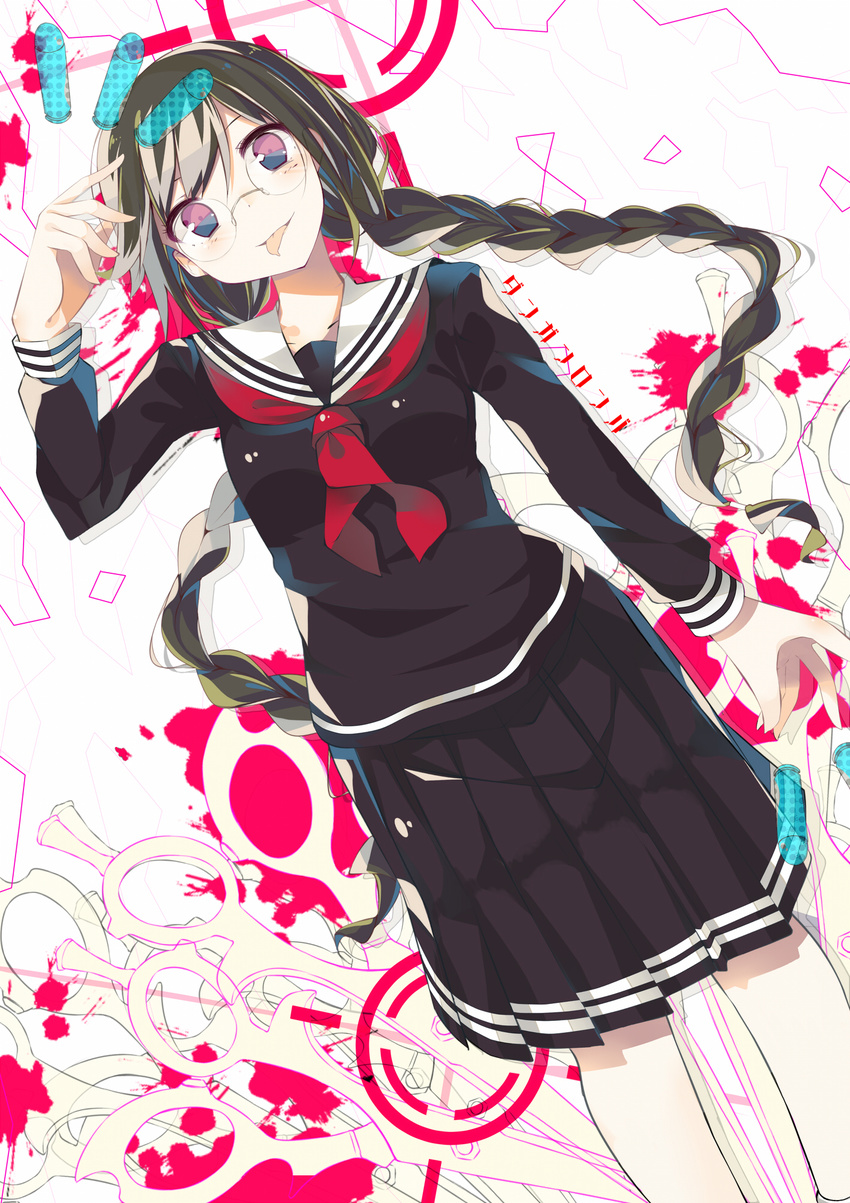 :p benio_(dontsugel) black_hair braid bullet copyright_name crosshair danganronpa danganronpa_1 fukawa_touko glasses highres long_hair looking_at_viewer plaid plaid_skirt red_eyes school_uniform scissors serafuku skirt smile solo tongue tongue_out twin_braids