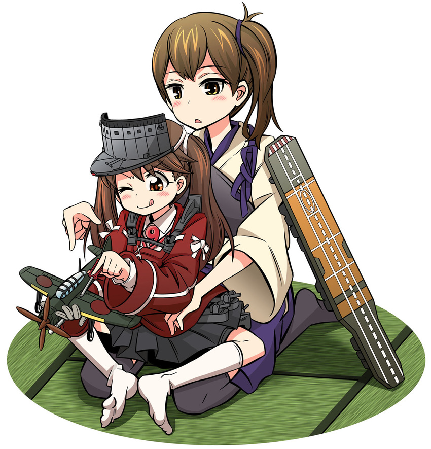 aircraft airplane archery armor blush brown_eyes brown_hair emu_(toran) highres japanese_clothes kaga_(kantai_collection) kantai_collection multiple_girls muneate one_eye_closed ryuujou_(kantai_collection) short_hair side_ponytail sitting sitting_on_person tatami thighhighs twintails