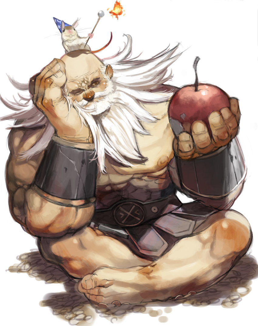 animal animal_on_head apple arm_support barefoot beard dragon's_crown dwarf_(dragon's_crown) facial_hair food fruit full_body highres male_focus mibu_natsuki mouse muscle on_head simple_background white_background