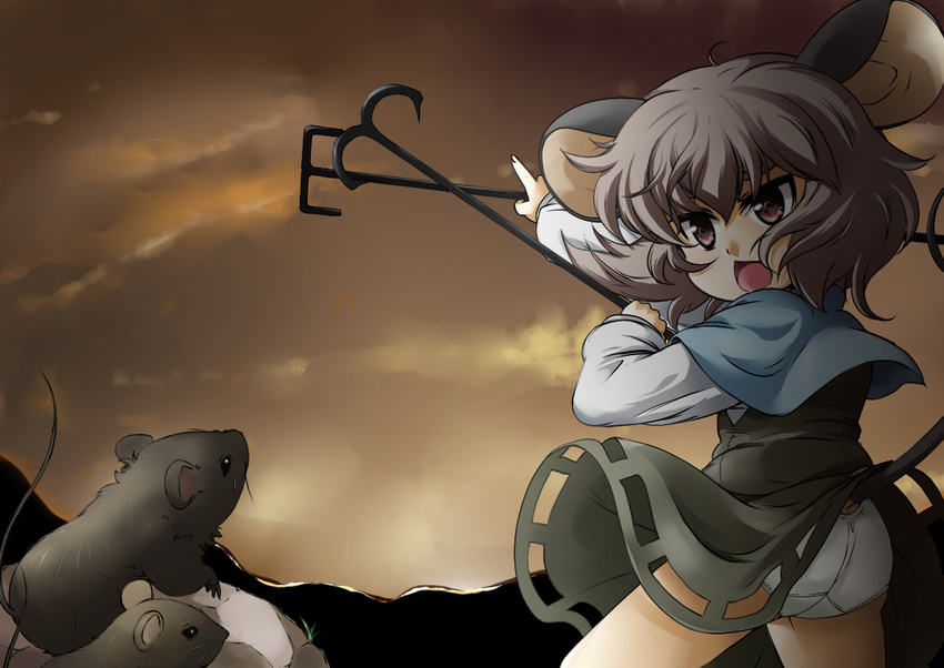 animal_ears capelet dowsing_rod dress grey_dress grey_hair holding mepikari mouse mouse_ears mouse_tail nazrin open_mouth panties pantyshot pantyshot_(standing) red_eyes short_hair sky solo standing tail touhou underwear white_panties wind wind_lift