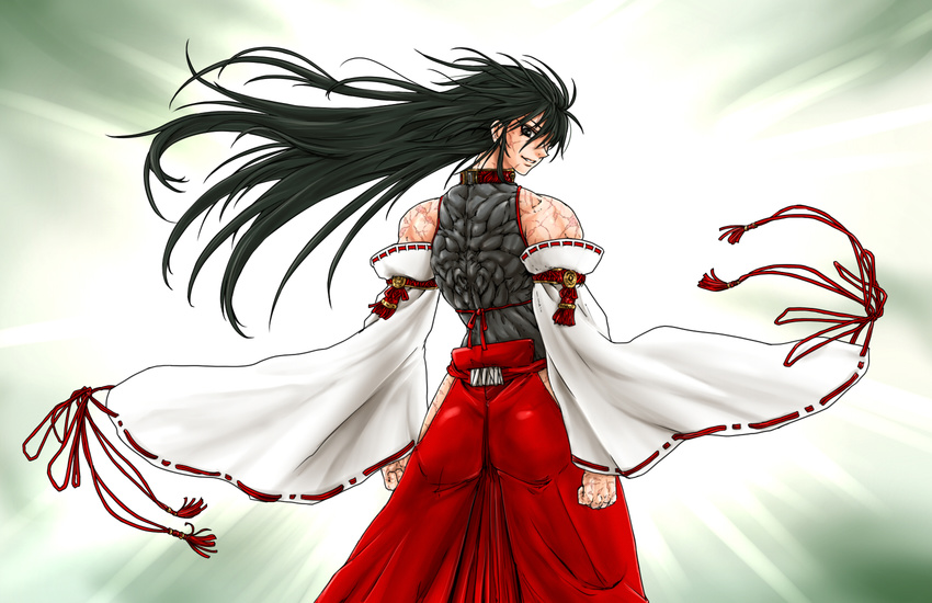 archer ass bare_shoulders black_eyes black_hair clenched_hands detached_sleeves fate/stay_night fate_(series) from_behind hakama highres japanese_clothes ledjoker07 leotard long_hair looking_back m.u.g.e.n muscle nontraditional_miko original red_hakama scar sendai_hakurei_no_miko smile solo tassel touhou