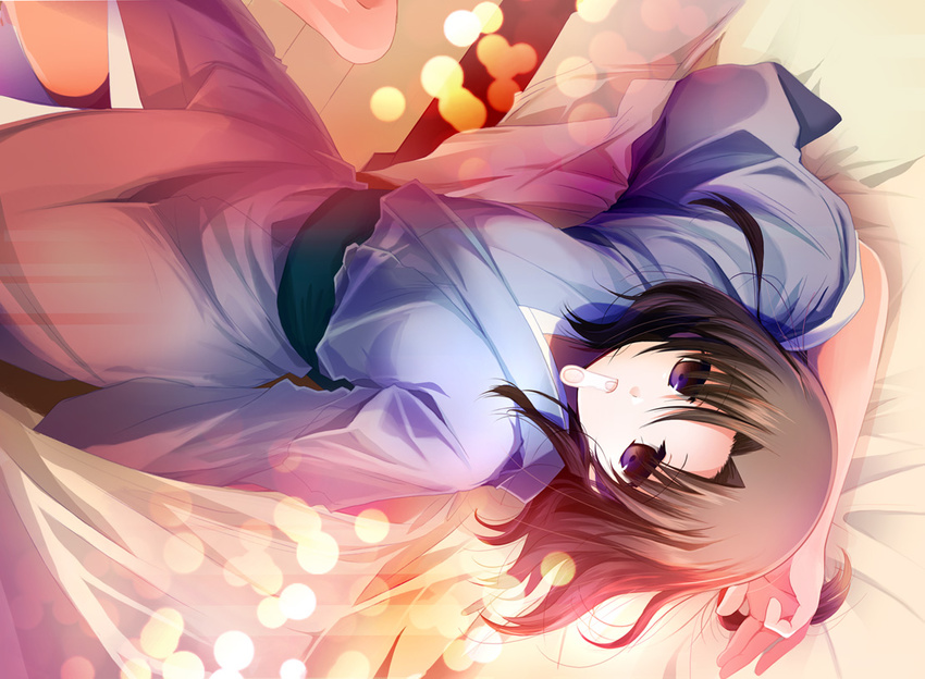 amputee arm_behind_head barefoot bed black_hair brown_eyes izumiya_otoha japanese_clothes kara_no_kyoukai kimono light_particles mouth_hold ryougi_shiki solo wooden_spoon