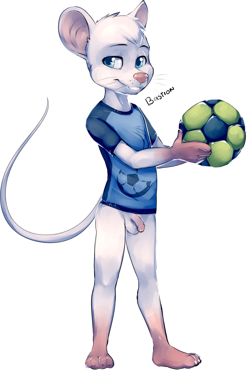 anthro ball bastion blue_eyes bottomless buckteeth circumcised clothed clothing cub flaccid fur humanoid_penis mammal mouse penis pink_nose rodent simple_background soccer_ball standing teeth whiskers white_fur young