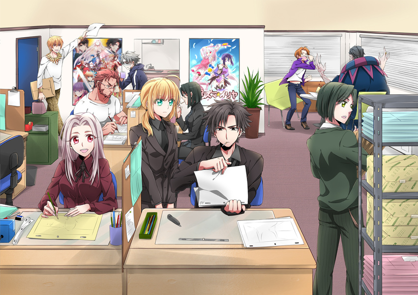 6+boys ahoge artoria_pendragon_(all) bangs bespectacled black_hair blonde_hair blunt_bangs box brown_eyes caster_(fate/zero) chair cigarette clip coffee coffee_mug cubicle cup dest door emiya_kiritsugu eraser fate/kaleid_liner_prisma_illya fate/zero fate_(series) fourth_wall gilgamesh glasses green_eyes grey_hair gucce222 hisau_maiya holding irisviel_von_einzbern itomugi-kun lancer_(fate/zero) long_sleeves looking_at_viewer matou_kariya mug multiple_boys multiple_girls office office_chair paper pen pencil pencil_case pencil_sharpener plant poster_(object) potted_plant red_eyes rider_(fate/zero) saber sidelocks sink sitting sketching storyboard tape_dispenser tareme trash_can uryuu_ryuunosuke waver_velvet white_hair writing