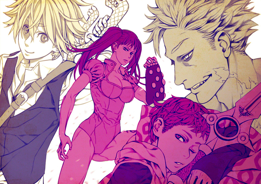 3boys animal_print arasdel arm_at_side ban_(nanatsu_no_taizai) bare_shoulders belt breasts buckle cleavage closed_mouth collared_shirt diane_(nanatsu_no_taizai) dress_shirt elbow_gloves facial_scar fingerless_gloves from_side gloves grin hair_between_eyes half-closed_eyes hand_up hips holding holding_sword holding_weapon hood hood_down hooded_jacket impossible_clothes impossible_leotard jacket king_(nanatsu_no_taizai) large_breasts leg_tattoo legs_apart leopard_print leotard long_hair long_sleeves looking_at_viewer looking_back looking_to_the_side meliodas messy_hair monochrome multiple_boys nanatsu_no_taizai neck_scar one_eye_closed parted_lips pillow polearm profile puffy_short_sleeves puffy_sleeves raglan_sleeves scar serious shirt short_sleeves sideways_glance simple_background single_elbow_glove single_glove skin_tight sleeves_past_wrists smile spear spiked_hair straight_hair sword sword_hilt tattoo thighs toned twintails v-shaped_eyebrows vest weapon weapon_on_back